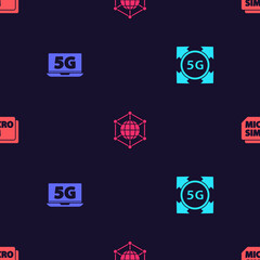 Set 5G network, Laptop with, Social and Micro Sim Card on seamless pattern. Vector.