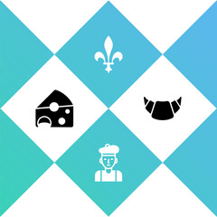 Set Cheese, French man, Fleur De Lys and Croissant icon. Vector.