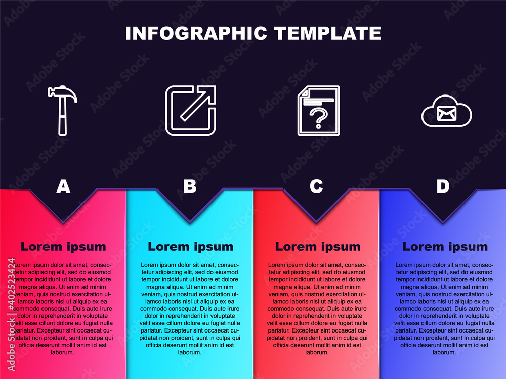 Poster set line hammer, open in new window, unknown document and cloud mail server. business infographic te