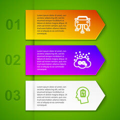 Set line Car sharing, CO2 emissions cloud, Head with low battery and Share file. Business infographic template. Vector.