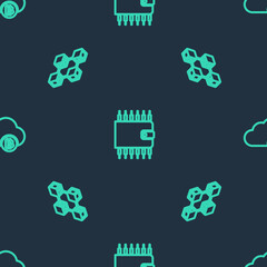 Set line Cryptocurrency wallet, Blockchain technology and cloud mining on seamless pattern. Vector.
