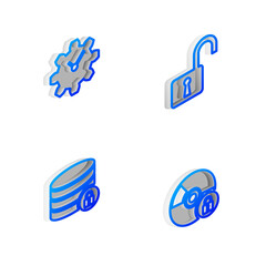 Set Isometric line Open padlock, Time Management, Server security with and CD or DVD disk icon. Vector.