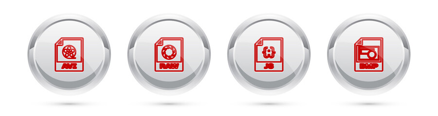 Set line AVI file document, RAW, JS and BMP. Silver circle button. Vector.