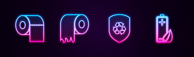 Set line Toilet paper roll, , Recycle inside shield and Eco nature leaf and battery. Glowing neon icon. Vector.