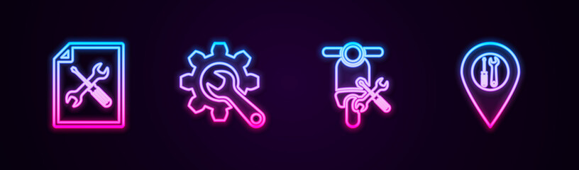 Set line File document service, Wrench and gear, Scooter and Location. Glowing neon icon. Vector.