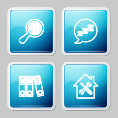 Set line Microorganisms under magnifier, Speech bubble with snoring, Office folders and House service icon. Vector.