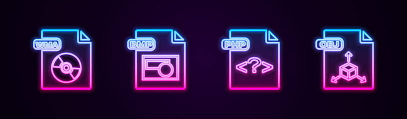 Set line WMA file document, BMP, PHP and OBJ. Glowing neon icon. Vector.