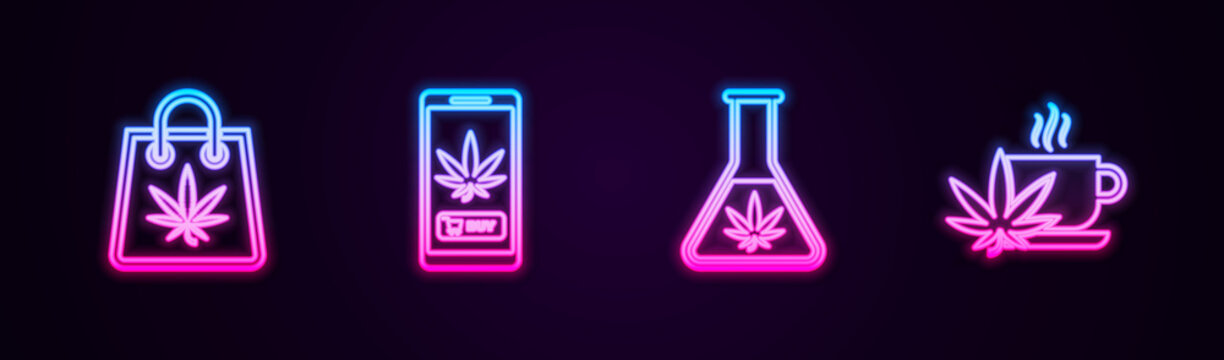 Set line Shopping bag of marijuana, Online buying, Test tube with and Cup tea. Glowing neon icon. Vector.