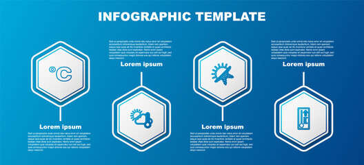 Set line Celsius, Thermometer and cloud, sun, Sun snowflake and Meteorology thermometer. Business infographic template. Vector.