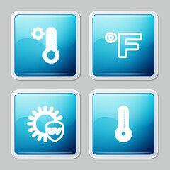 Set line Meteorology thermometer, Fahrenheit, UV protection and icon. Vector.