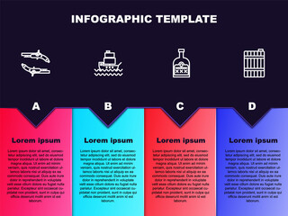 Set line Vintage pistols, Ship, Alcohol drink Rum bottle and Wooden barrel. Business infographic template. Vector.