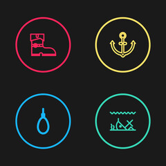 Set line Gallows rope loop hanging, Sunken ship, Anchor and Leather pirate boots icon. Vector.