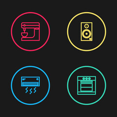 Set line Air conditioner, Oven, Stereo speaker and Electric mixer icon. Vector.
