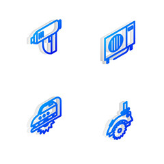 Set Isometric line Air conditioner, Electric industrial dryer, circular saw and icon. Vector.