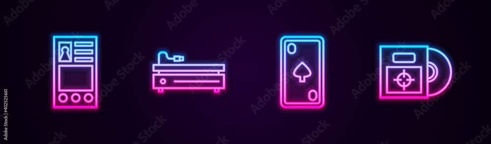 Poster set line create account screen, video game console, playing card with diamonds and cd or dvd disk bo