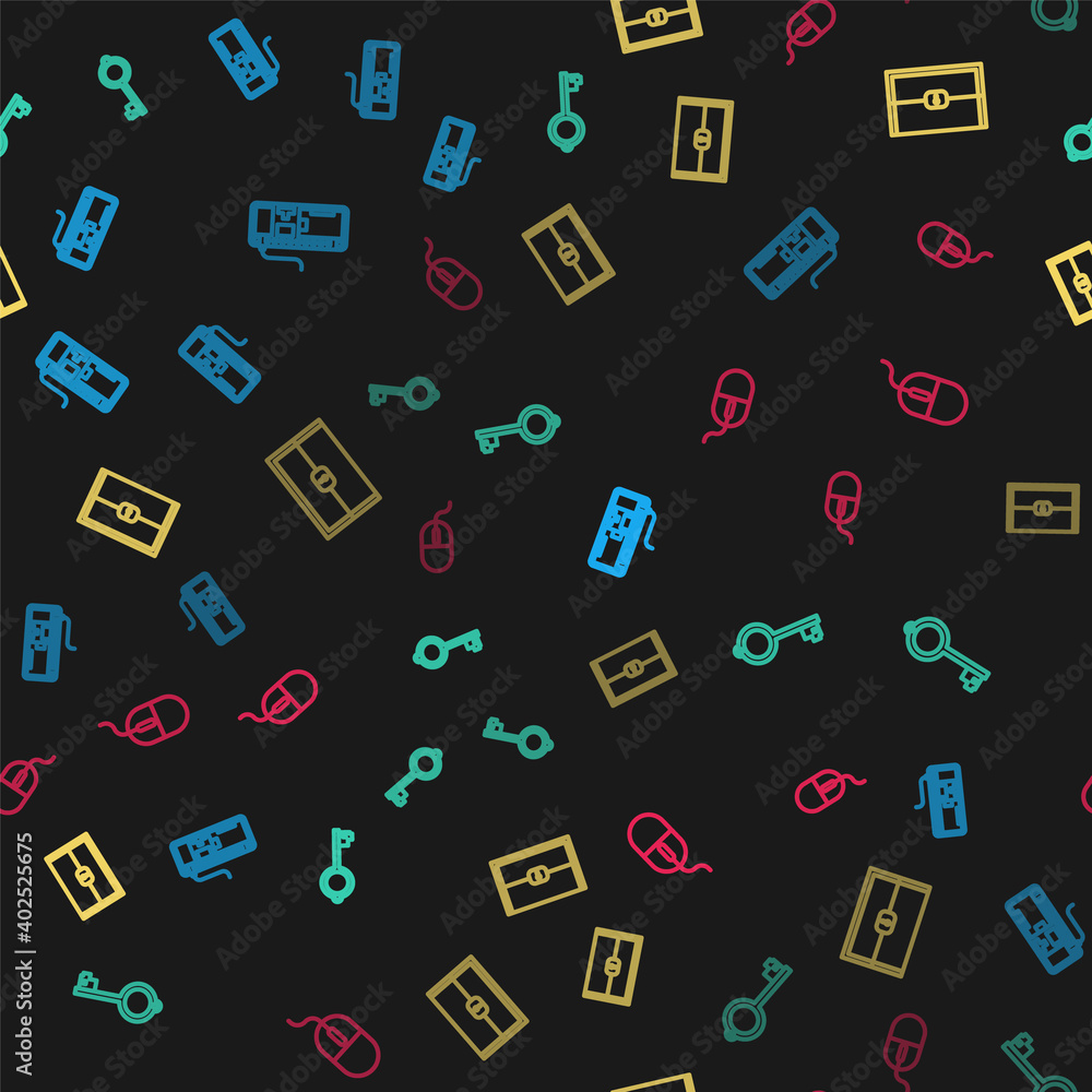 Leinwandbilder set line computer keyboard, ancient for game, chest and mouse on seamless pattern. vector.