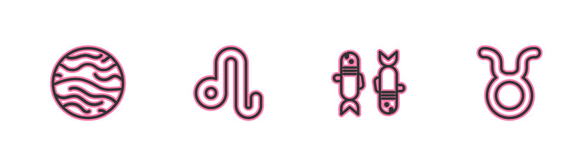 Set line Planet Venus, Pisces zodiac, Leo and Taurus icon. Vector.