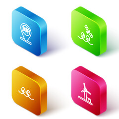 Set Isometric line Location and tree, Smart farm with drone, Plant and Wind turbine icon. Vector.
