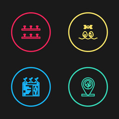 Set line Smart farming technology, Location and tree, with drone and Automatic irrigation sprinklers icon. Vector.