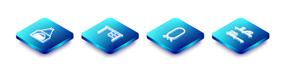 Set Isometric line Interior fireplace, Office desk, Big full length mirror and Shelf with books icon. Vector.