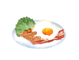 目玉焼きとベーコンとウインナーのイラスト