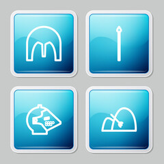 Set line Medieval iron helmet, spear, and Bale of hay and rake icon. Vector.