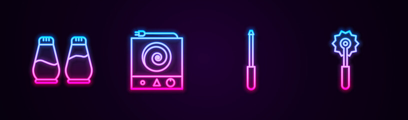 Set line Salt and pepper, Electric stove, Knife sharpener and Pizza knife. Glowing neon icon. Vector.