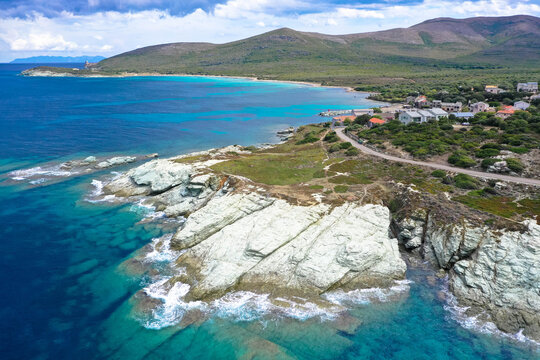 Aerial view of rocky coastline of corsican Cap Corse near Erbalunga, Corsica, France. Tourism and vacations concept.