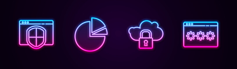 Fototapeta premium Set line Browser with shield, Pie chart infographic, Cloud computing lock and Password protection. Glowing neon icon. Vector.