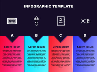 Set line Traditional carpet, Christian cross, Jewish torah book and fish. Business infographic template. Vector.
