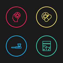 Set line Smoking pipe, Plastic bag of cannabis, Herbal ecstasy tablets and Head with marijuana or icon. Vector.