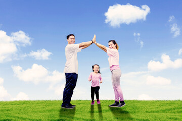 Happy family making house symbol at meadow