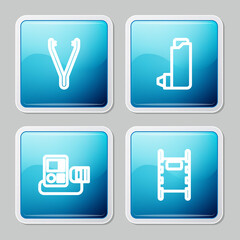 Set line Medical tweezers, Inhaler, Blood pressure and Stretcher icon. Vector.