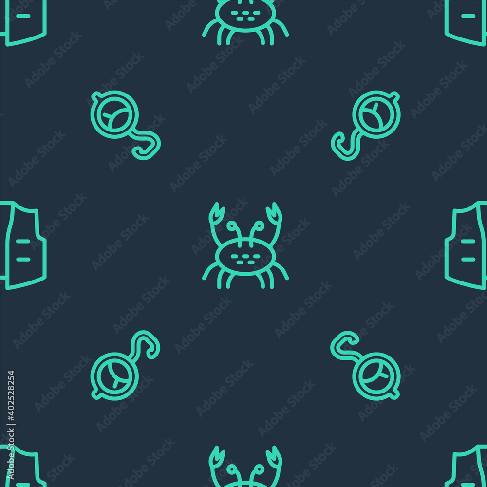 Poster set line crab, spring scale and fishing jacket on seamless pattern. vector.