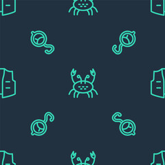 Set line Crab, Spring scale and Fishing jacket on seamless pattern. Vector.