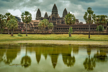 Fototapeta na wymiar Cinematic scenery of the ancient temple ruins of Angkor Wat in Siem Reap, Cambodia
