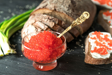 expensive red caviar, pike caviar and black caviar for a snack