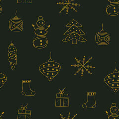 Christmas hand drawn seamless pattern with christmas tree toys, snowflakes and gift