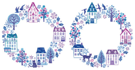 冬の雪の街並み、家の丸フレームセット