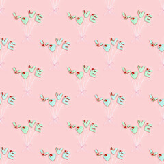 Seamless pattern from word Love from homemade cookies as balloons connected by ribbon. Valentines Holiday food concept.