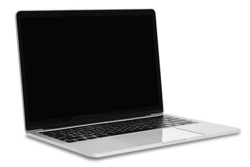 Front view of a modern generic silver metallic laptop with a blank black screen and isolated on a...