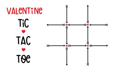 Tic Tac Toe Valentine’s Day game isolated on white background. Love and Arrow Handwriting design. For Print on Card or Bag Background Vector Illustration.