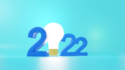 3D illustration. Light bulb and 2022 number. Business plan and strategy concept with idea in year 2022