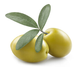 Delicious green olives with leaves, isolated on white background