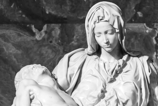 Detail of Michelangelo´s masterpiece statue called Pietà - black and white photo