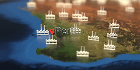 Factory icons near Perth city on the map, industrial production related 3D rendering