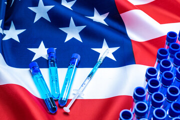 Vial syringe. Medical syringe with needle for protection flu virus and coronavirus. Covid vaccine usa flag of america. Medicine concept vaccination hypodermic injection treatment.