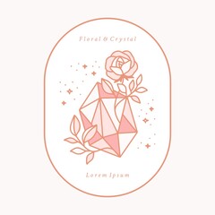 Magical crystal and rose floral logo illustration element with stars and frame