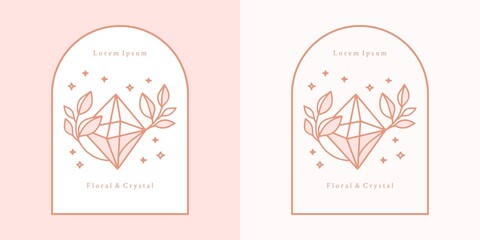 Set of magical crystal logo illustration element with stars and botanical leaf