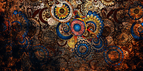 mandala colorful dark eyes vintage art, ancient Indian vedic background design,shree radha krishna artistic work, old painting texture with multiple mathematical shapes